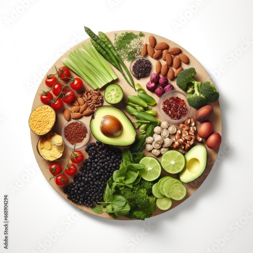 A wooden plate filled with assorted fruits and vegetables. Veganuary  vegan January.