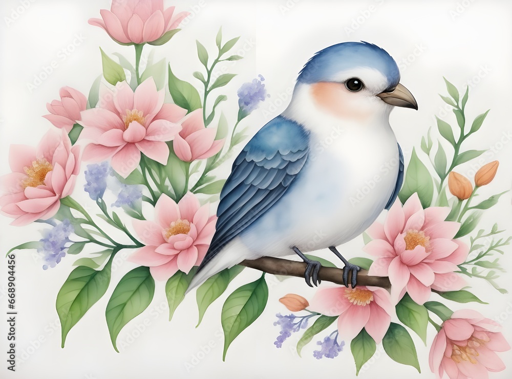 Blue and white bird on the branch. Watercolor painting. Generative AI