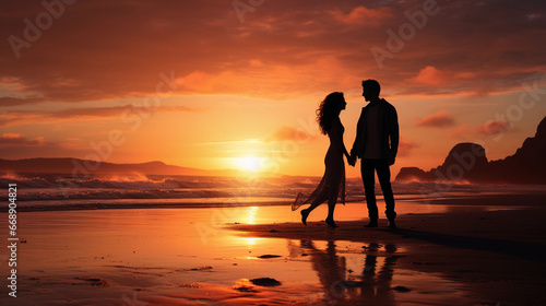 Silhouette of a couple on the beach at sunset