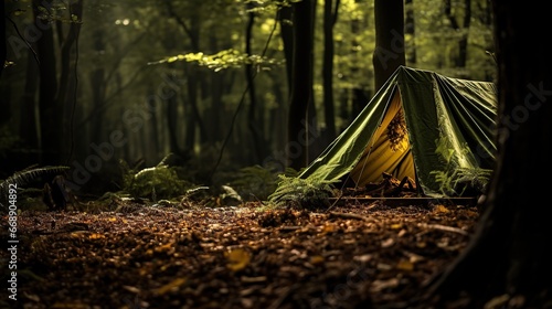 Camping tent campground in outdoor forest, nature background summer trip camp travel adventure vacation photo