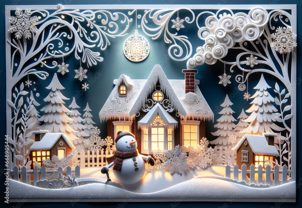 Winter wonderland scene with a glowing snow-covered cottage at night 9