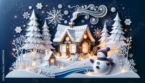 Winter wonderland scene with a glowing snow-covered cottage at night 3