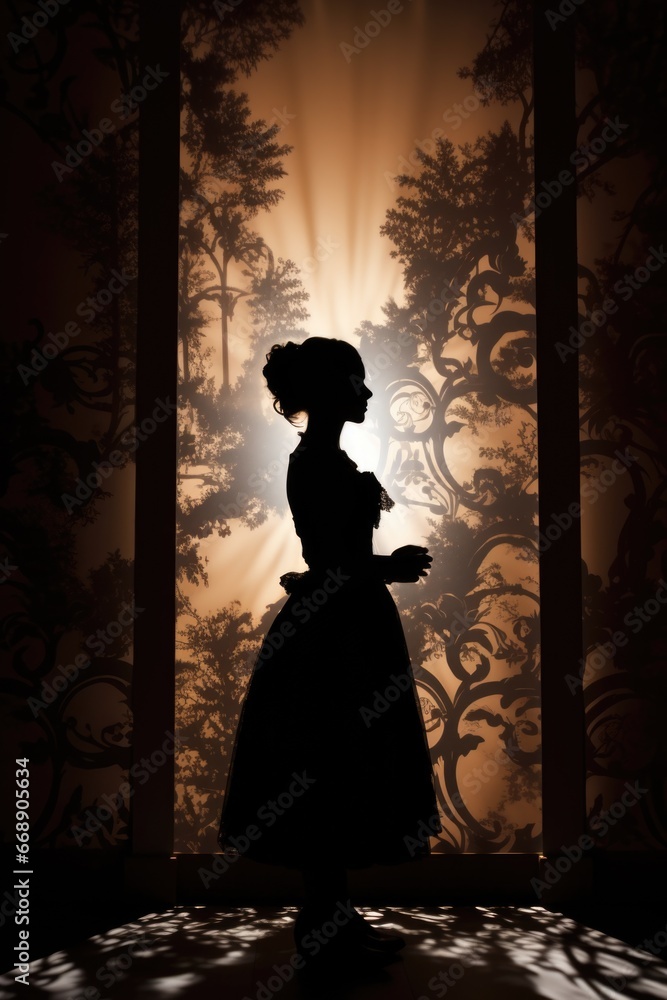 A silhouette of a woman standing in front of a window.