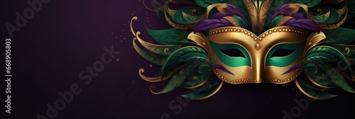 A gold mask with green and purple feathers. Mardi Gras decorative element.