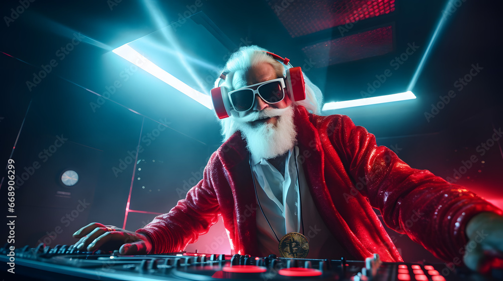 Funky Santa Claus like DJ at the console with red headphones & cool party sunglasses Funky Santa Claus like DJ at the console with red headphones & cool party sunglasses