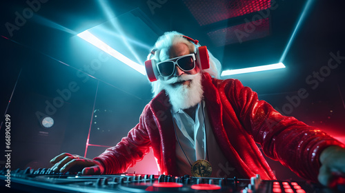Funky Santa Claus like DJ at the console with red headphones & cool party sunglasses photo