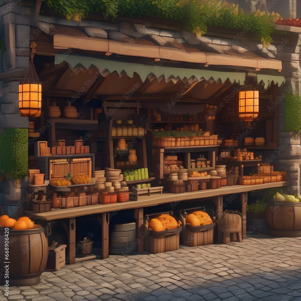 69 Design a pixel art medieval fantasy market with stalls, merchants, and mythical creatures4