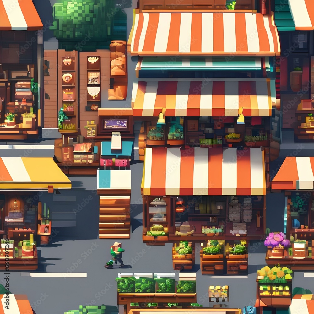 7 Create a bustling pixel art market scene with vendors, stalls, and colorful awnings5