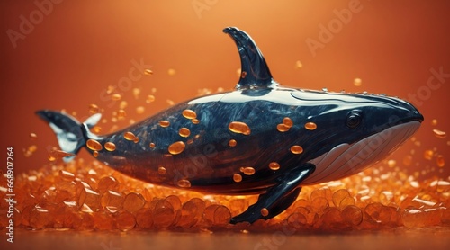 A concept art of a plastic wale swimming between orange plastic particles in front of an orange backdrop. Seapolution concept art. Generative AI. photo