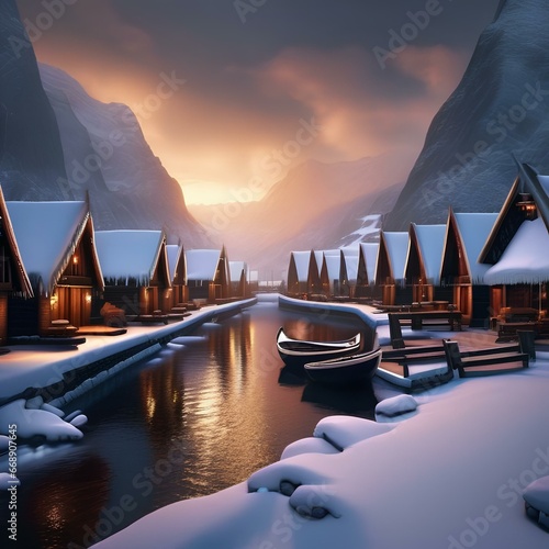 65 Portray a pixel art Viking village with longships and warriors in a snowy fjord1 photo