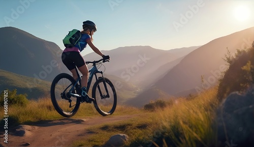 Adventurer, biker women riding a bike in mountain. Outdoor sports, adventure, freedom, cycling, riding concept in nature