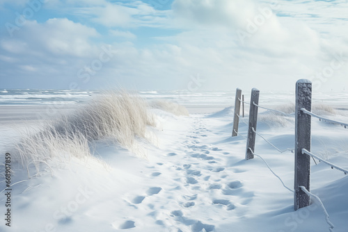 Coastal Hush: Footprints in Snow on the Desolate North Sea Beach