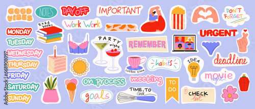 Set of weekly or daily planner stickers vector flat illustration. Stickers with letters, quotes, characters and daily elements for notebook. Design elements for diaries .