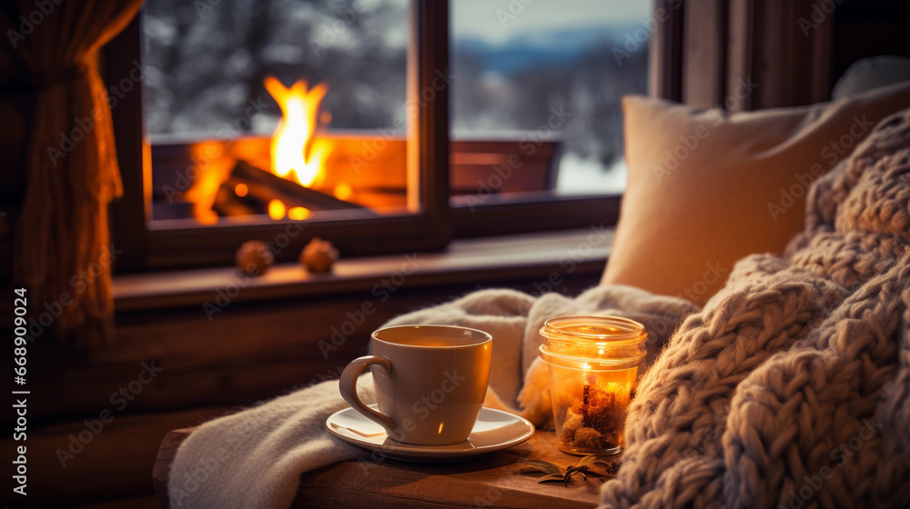 cozy fireplace in winter with a mug of tea cozy fireplace in winter with a mug of tea