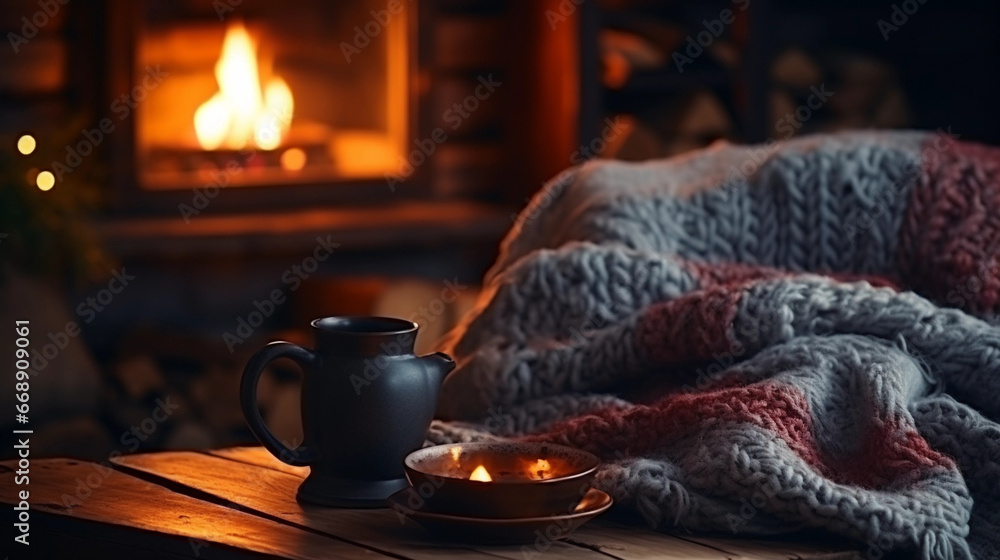 cozy fireplace in winter with a mug of tea cozy fireplace in winter with a mug of tea