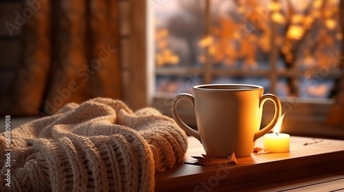 cozy fireplace in winter with a mug of tea