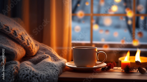 cozy fireplace in winter with a mug of tea © Milan