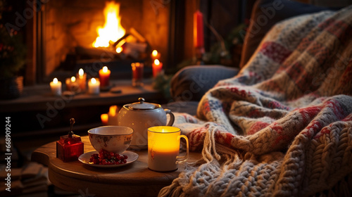 cozy fireplace in winter with a mug of tea