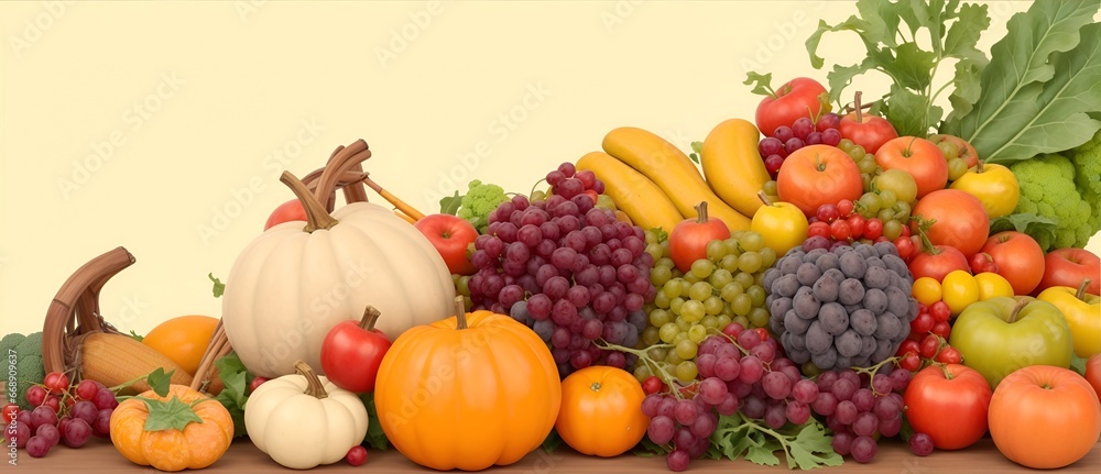 Vintage cornucopia filled with autumn fruits and vegetables on plain pastel background from Generative AI