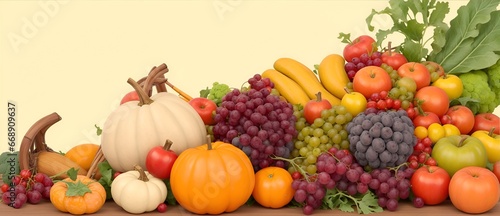Vintage cornucopia filled with autumn fruits and vegetables on plain pastel background from Generative AI