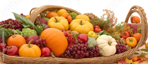 Vintage cornucopia filled with autumn fruits and vegetables from Generative AI