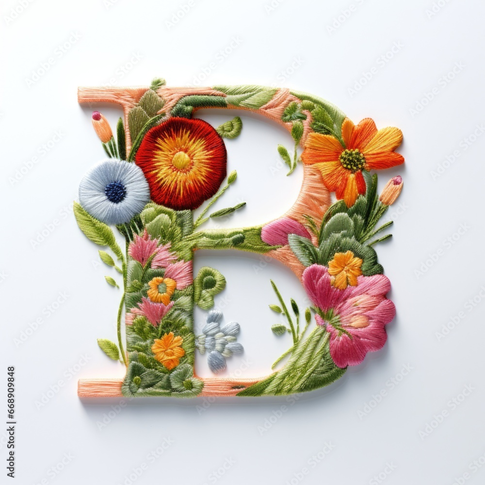 The letter b is decorated with colorful flowers. Embroidery effect, floral design.