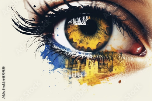 Collage with woman eye in yellow blue color photo