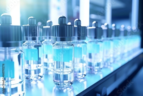 Neatly arranged medical vials ready for mass production of vaccines generative ai