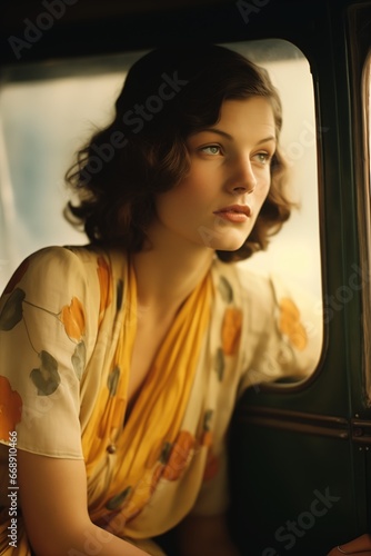 woman yellow dress looking out window vintage car gazing eyes hurley young girl dressed passengers rapture colors talented photo