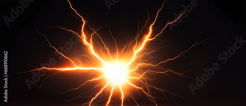 Flashing light effect of orange electric thunder explosion with sparks on plain black background from Generative AI