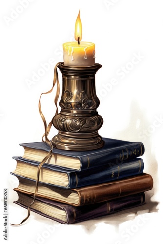 A candle sitting on top of a stack of books.