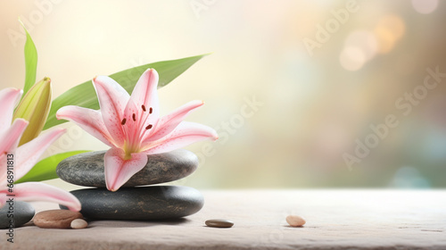 Lily and spa stones in zen garden Spa Stones And Waterlily With Fountain Zen Garden generative ai