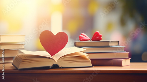 Love story book open page in heart shape and stack piles textbooks reading library. generative ai