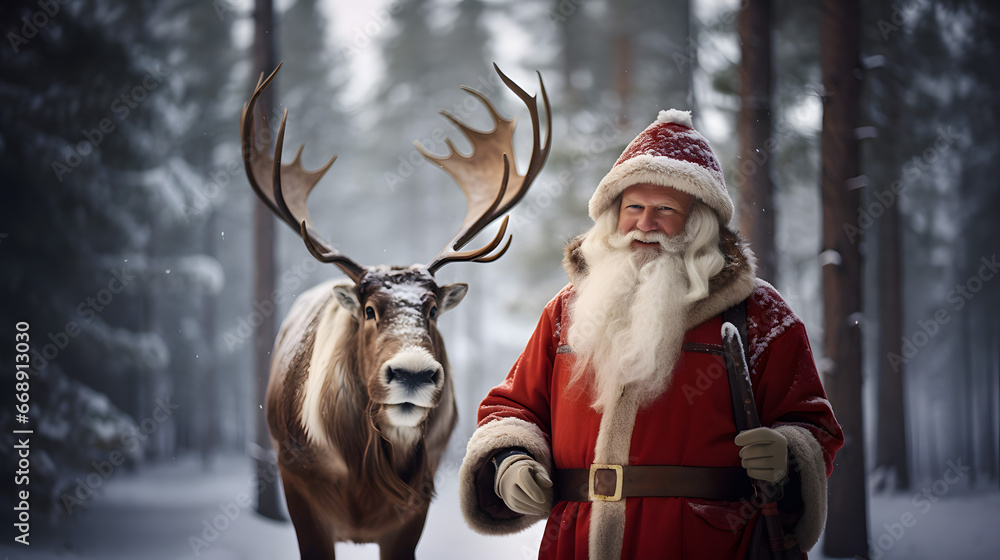 Santa Claus with a reindeer in a winter forest with snow falling on them Santa Claus with a reindeer in a winter forest with snow falling on them