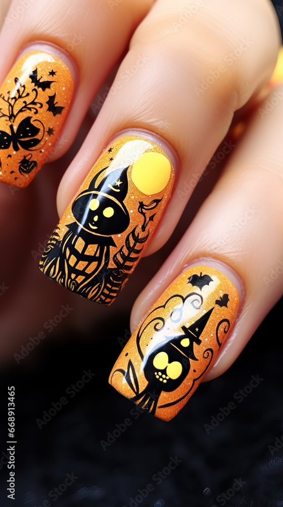 Nail Art Halloween themed with a simple Orange base and Black drawings on top in the style of Halloween Pumpkins and Witch's Hats. Nail Art Halloween themed with a simple Orange base and Black drawings on top in the style of Halloween Pumpkins and Witch's Hats.