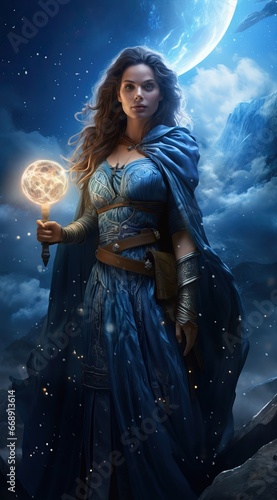 Fantastic Super Hero Woman wearing a Blue Suit and Blue Coat. Fashion Style. Background of the Sky during Midnight, Light coming from the Moon visible trought the Clouds.