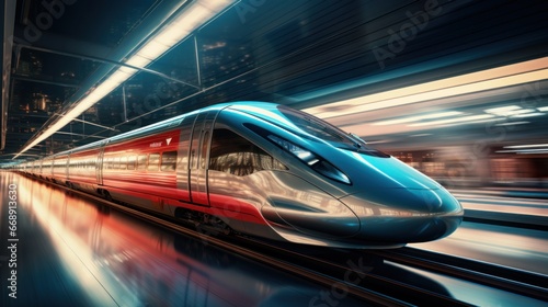 High speed train in motion on the railway, fast moving on railroad with motion hyperspeed motion blur effect, commercial transportation