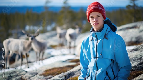 A Man in a Blue Jacket looking at the camera. A Western Male next to many Reindeers in a Snowy Day.