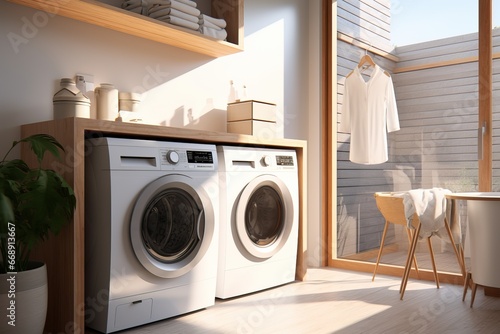 Interior of a Modern and Luxurius Laundry Room with Sunlight coming from outside. Pot with Plants creating the room more Modern and Vibrant.