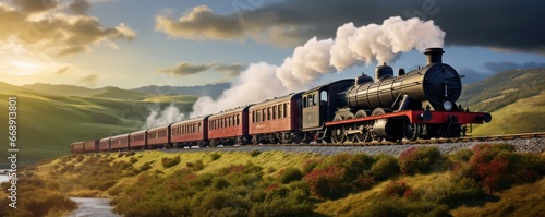 Vintage steam locomotive train in green landscape at sunset or sunrise sky background