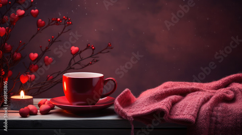 Happy Valentine Background, Pink Tones, Romantic Vibes, Coffee Cup and Candle. Generative AI