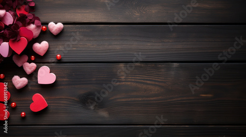 Happy Valentine Background, Pink Tones, Romantic Vibes, Hearts on Wooden Background. Generative AI
