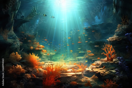 Fashinating Corals surrounded by Fishes at the bottom of the Ocean. Sunrays penetrating through the water Illuminating the Sea Nature