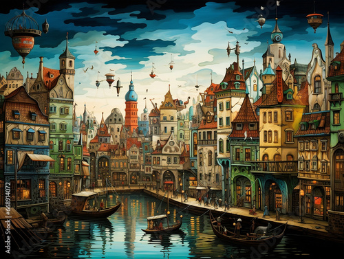 fairy-tale illustration of a magical city with colorful high brick houses.