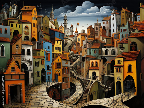 fairy-tale illustration of a magical city with colorful high brick houses.