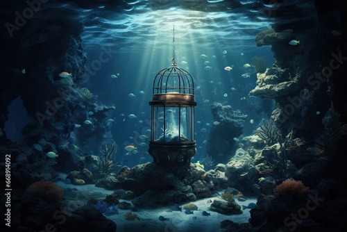 Fashinating Corals surrounded by Fishes at the bottom of the Ocean. Sunrays penetrating through the water Illuminating a Cage in the Deep Sea.
