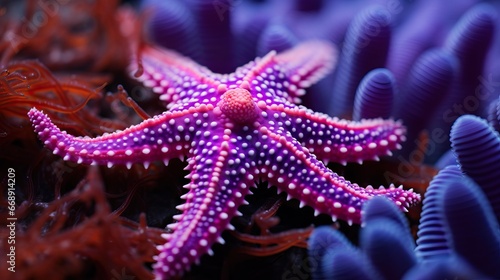 Underwater Shot of a Beautiful Purple and Pink Starfish placed on blue coral. © Luca