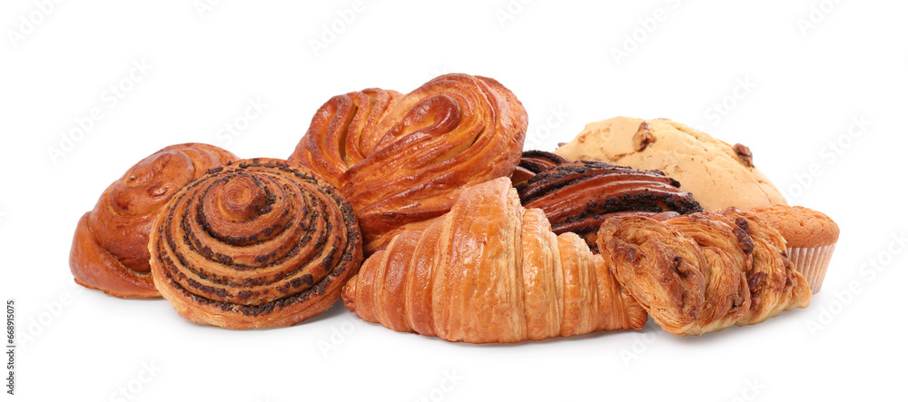 Different tasty freshly baked pastries isolated on white Different tasty freshly baked pastries isolated on white