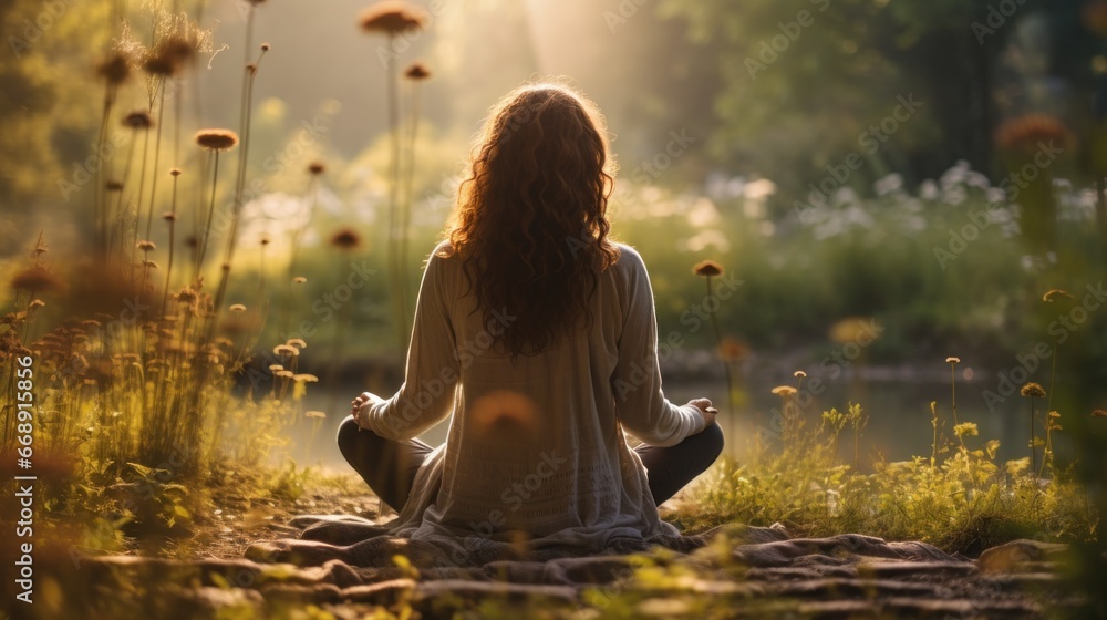 Obraz premium Back view serene individual meditating practicing mindfulness by the lake, peaceful sitting in lotus position landscape nature background