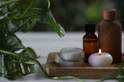 Beautiful composition with different spa products and green leaves on white table  closeup